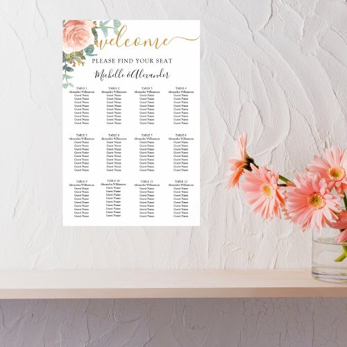 Rose gold floral eucalyptus wedding seating chart
