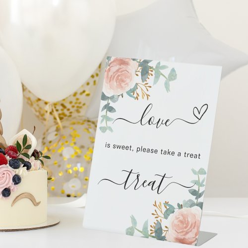Rose gold floral eucalyptus wedding treat sign