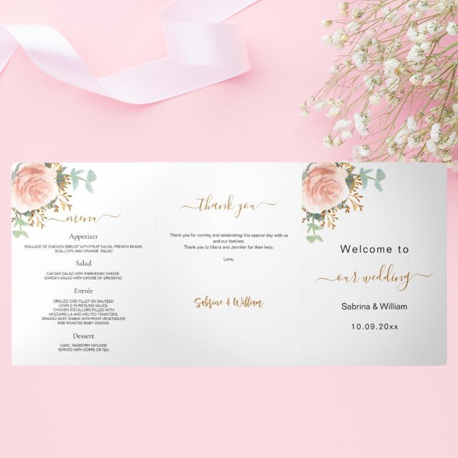 Rose gold floral eucalyptus wedding Tri-Fold program (Creator Uploaded)