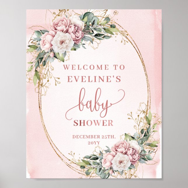 Rose Gold Floral Eucalyptus Welcome Baby Shower  Poster (Front)