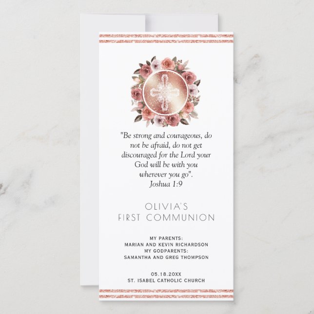 Rose Gold Floral First Communion Bookmark Favor Thank You Card (Front)