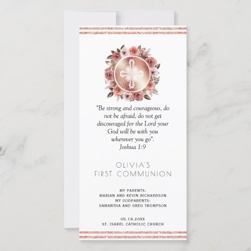 Rose Gold Floral First Communion Bookmark Favor Thank You Card