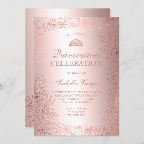 Rose gold floral foil Tiara chic Quinceaera Invitation