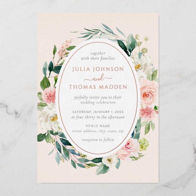 Rose Gold Floral Foliage Blush Wedding Foil Invitation (Front)