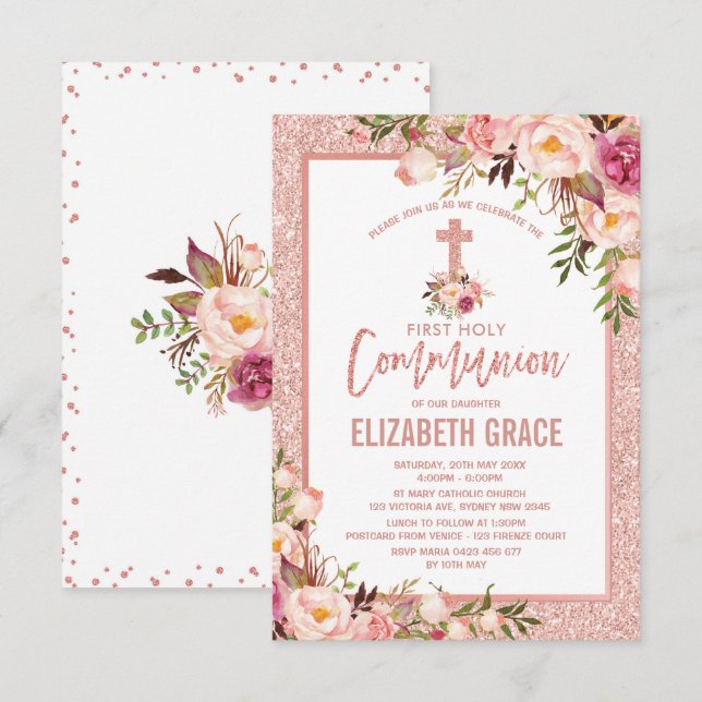 Rose Gold Floral Girl Holy Communion Invitation (Front/Back)
