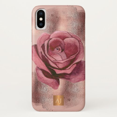 Rose gold floral glam metallic copper monogrammed iPhone XS case