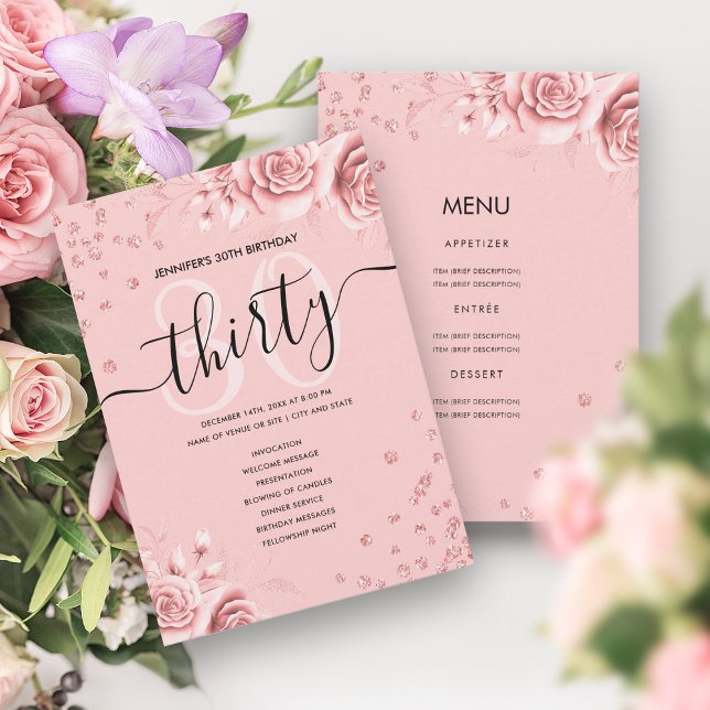 Rose Gold Floral Glitter 30 Birthday Menu Program (Rose Gold Floral Glitter 30 Birthday Menu Program)