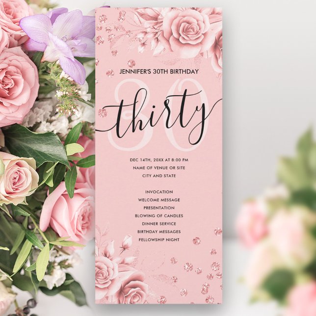 Rose Gold Floral Glitter 30th Birthday Programs (Rose Gold Floral Glitter 30th Birthday Programs)