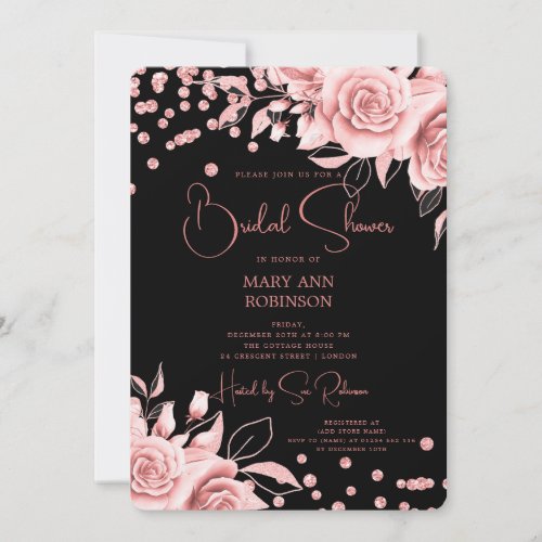 Rose Gold Floral Glitter Bridal Shower Black Invitation