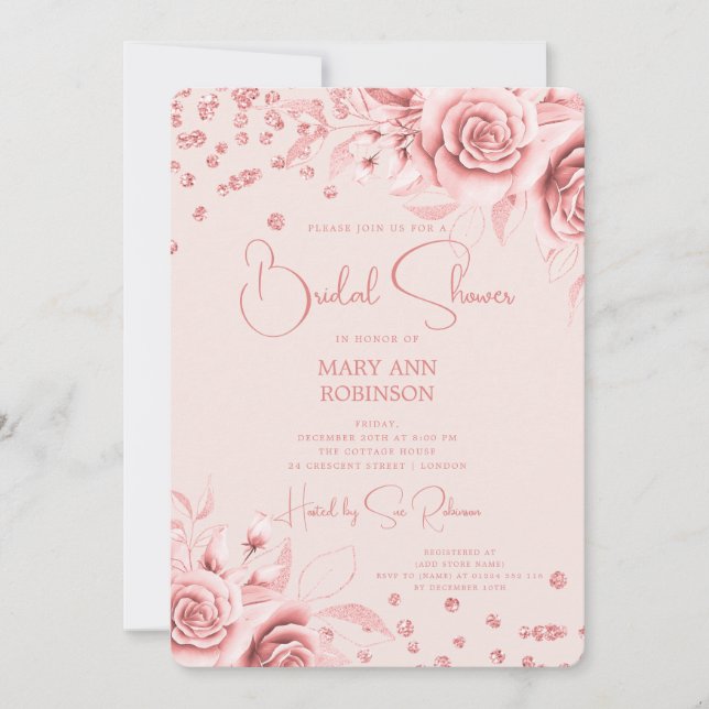 Rose Gold Floral Glitter Bridal Shower Blush  Invitation (Front)