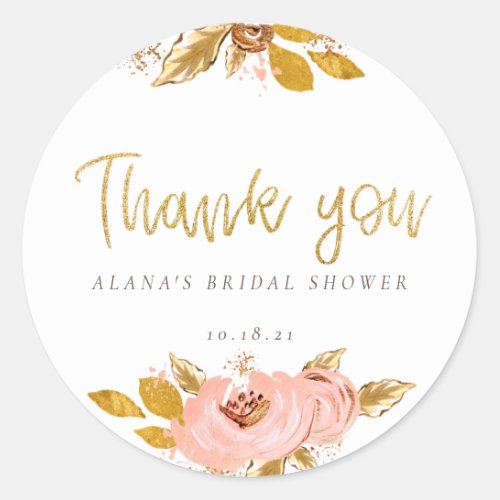 Rose Gold Floral Glitter Bridal Shower Classic Round Sticker