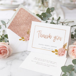 Rose Gold Floral Glitter Bridal Shower Thank You Card
