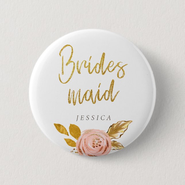 Rose Gold Floral Glitter Bridesmaid Button (Front)