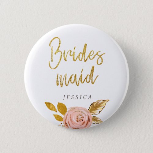 Rose Gold Floral Glitter Bridesmaid Button