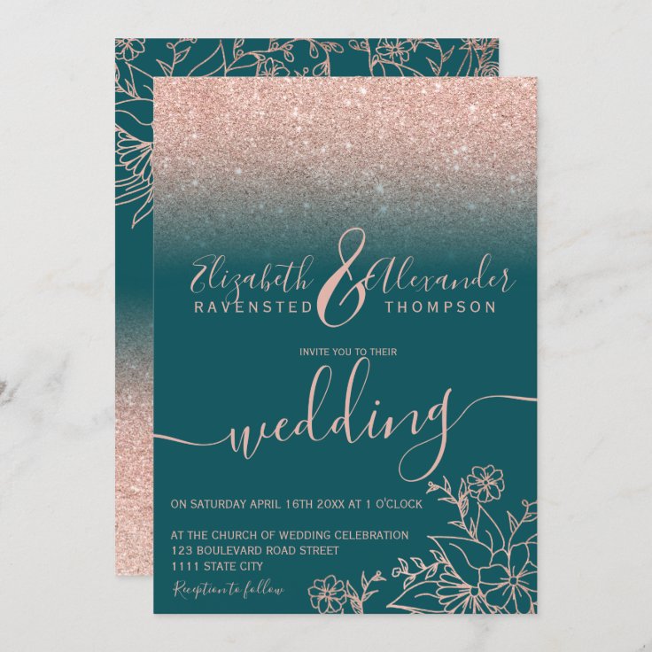 Rose gold floral glitter dark green script wedding invitation | Zazzle