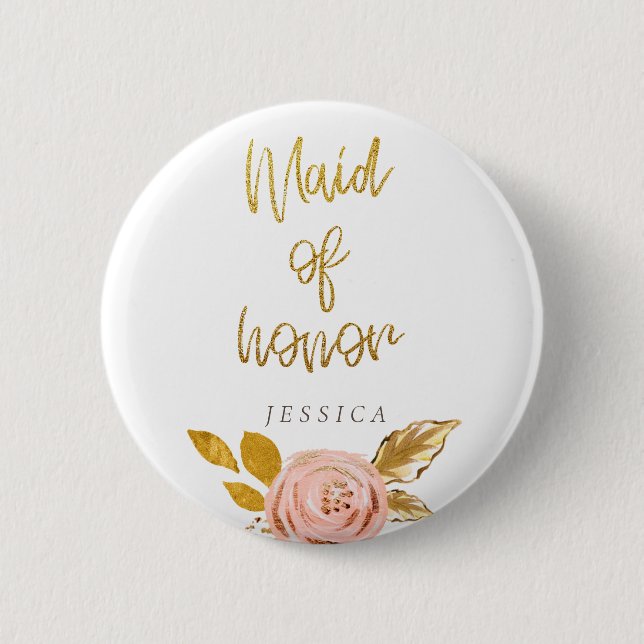 Rose Gold Floral Glitter Maid of Honor Button (Front)