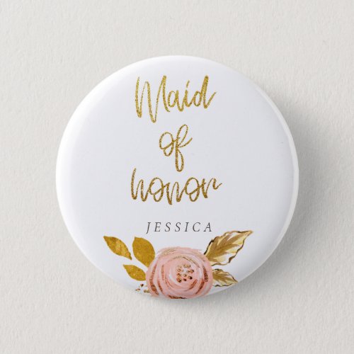 Rose Gold Floral Glitter Maid of Honor Button