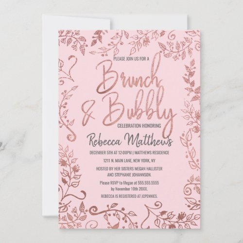 Rose Gold Floral Glitter Ombre Pink Brunch Bubbly Invitation