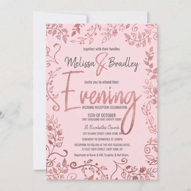 Rose Gold Floral Glitter Ombre Pink Evening Invitation (Front)