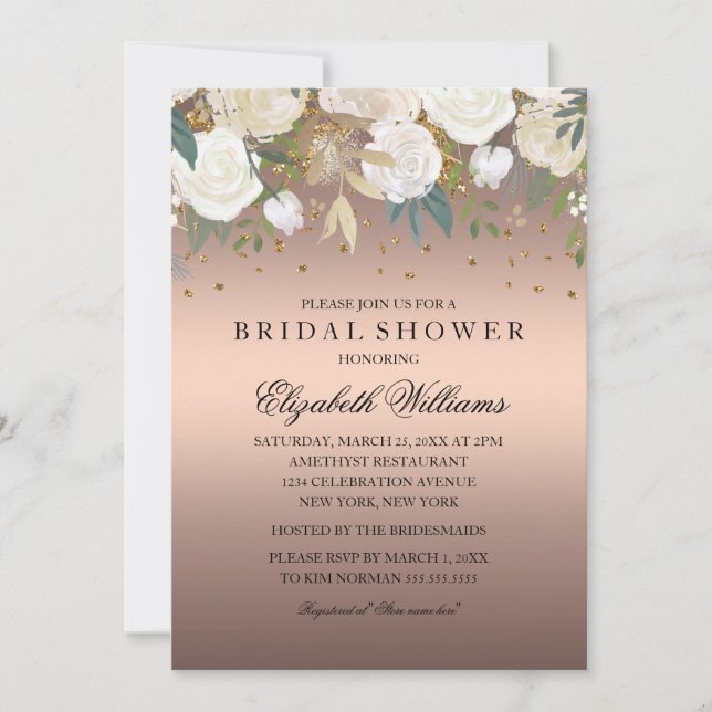 Rose Gold Floral Glitter Sparkling Bridal Shower Invitation (Front)