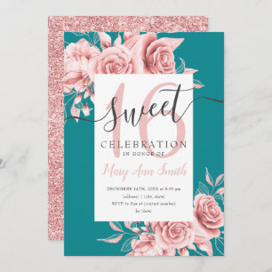 Rose Gold Floral & Glitter Sweet 16 Script Teal Invitation