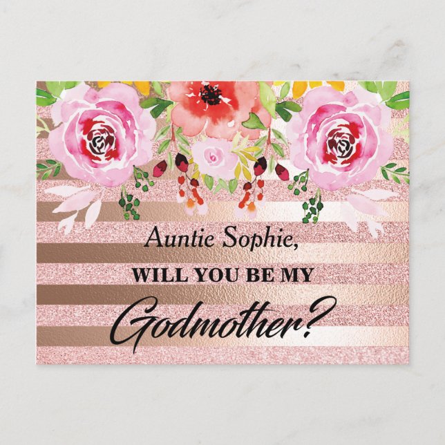 Rose Gold Floral Godmother Proposal Postcard (Front)