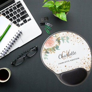 Rose gold floral gold glitter monogram name gel mouse pad