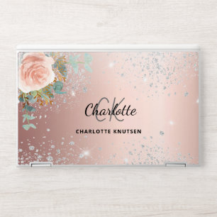 Rose gold floral gold glitter monogram name HP laptop skin