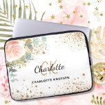Rose gold floral gold glitter monogram name laptop sleeve<br><div class="desc">A stylish white  background. Decorated with a rose gold,  blush pink watercolored floral,  rose,  eucalyptus greenery and golden sprigs. Personalize and add your first name,  monogram initials and full name. The name is written with a hand lettered style script.</div>
