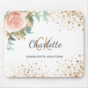 Rose gold floral gold glitter monogram name mouse pad