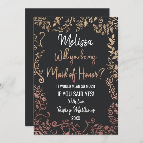 Rose Gold Floral Gold Glitter Ombre Maid of Honor Invitation