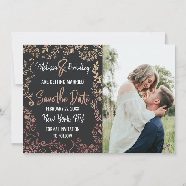Rose Gold Floral Gold Glitter Ombre Save the Date Invitation (Front)