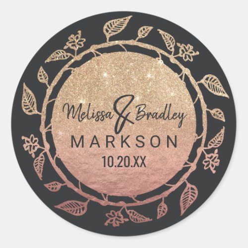 Rose Gold Floral Gold Glitter Ombre Wedding Classic Round Sticker