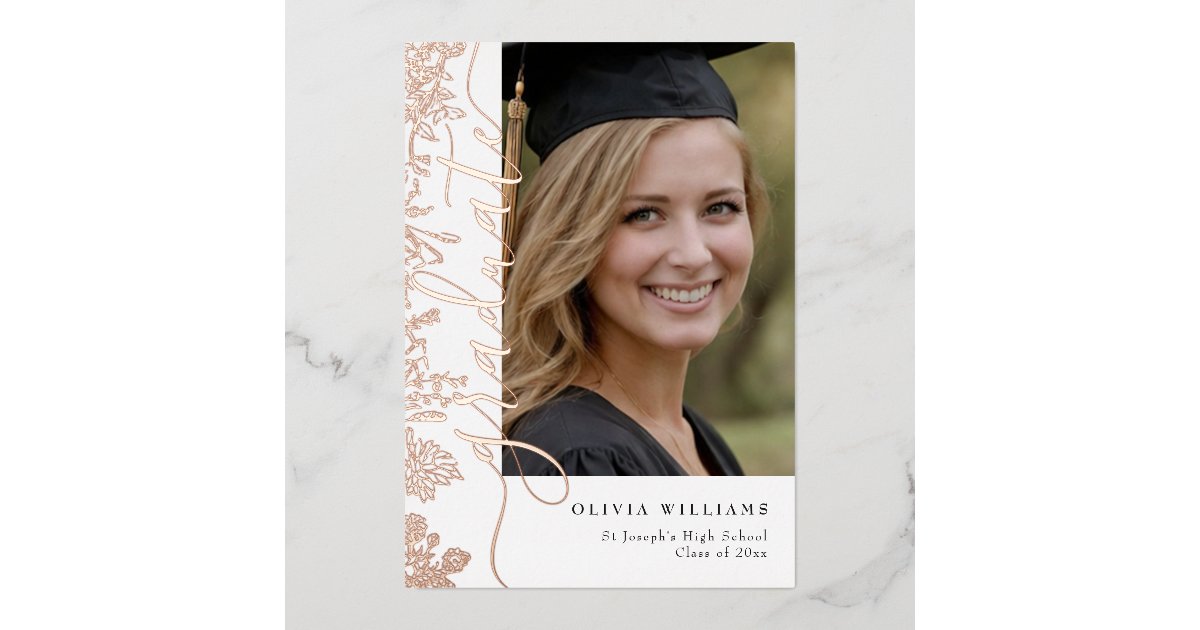 Rose Gold Floral Graduate Photo Graduation Party Foil Invitation | Zazzle