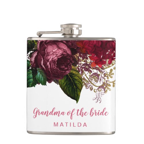 Rose gold floral grandma mother of the bride flask