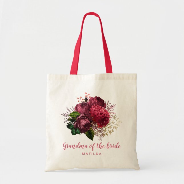 Rose gold floral grandma mother of the bride tote bag (Front)