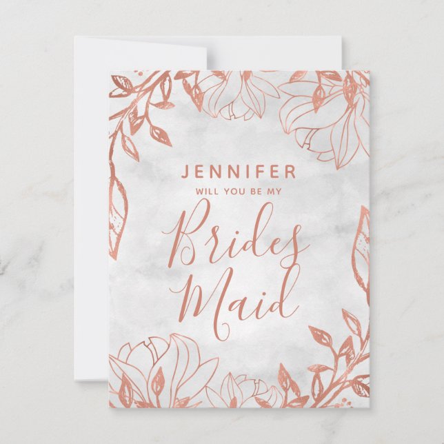 Rose Gold Floral Gray Will You Be My Bridesmaid Invitation (Front)