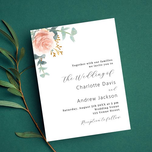 Rose gold floral green budget wedding invitation