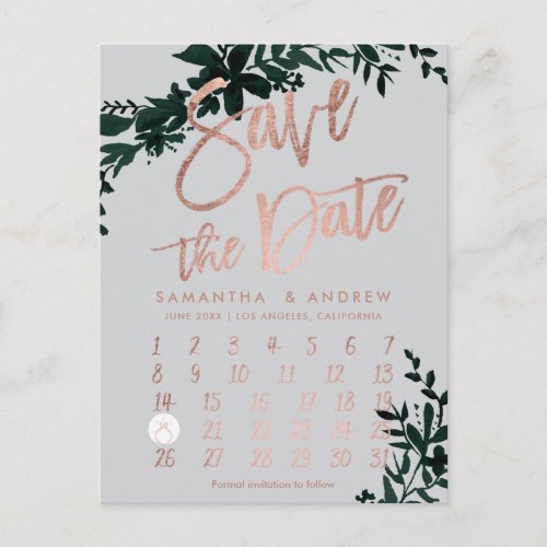 Rose gold floral green grey calendar save the date announcement postcard