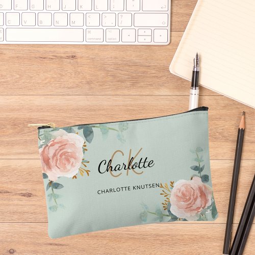 Rose gold floral green name monogram accessory pouch