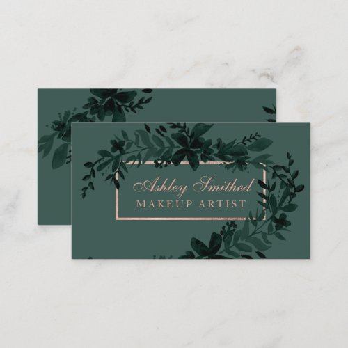 Rose gold Floral green watercolor leaf makeup Business Card