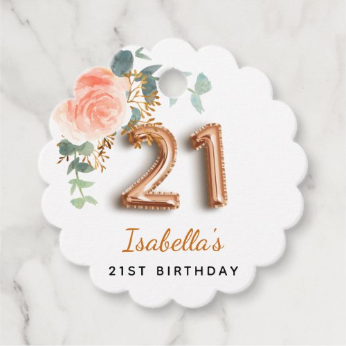 Rose gold floral greenery 21st birthday favor tags