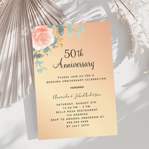 Rose gold floral greenery 50th wedding anniversary invitation