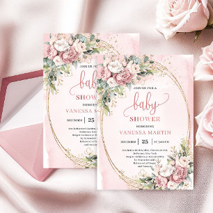 Rose Gold Floral Greenery Baby Girl Shower Invite