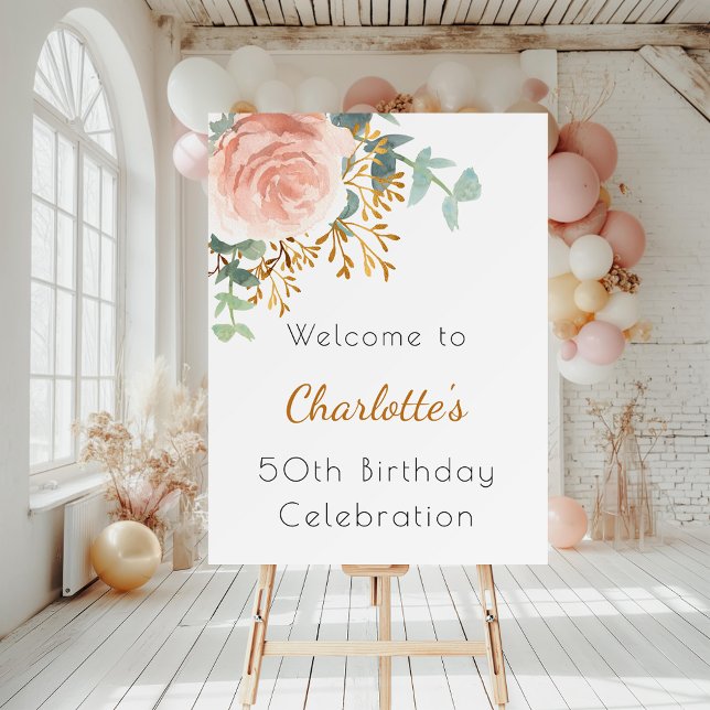 Rose gold floral greenery birthday party welcome foam board (Creator Uploaded)