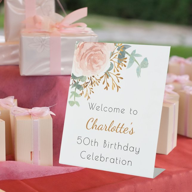Rose gold floral greenery birthday party welcome pedestal sign (Creator Uploaded)