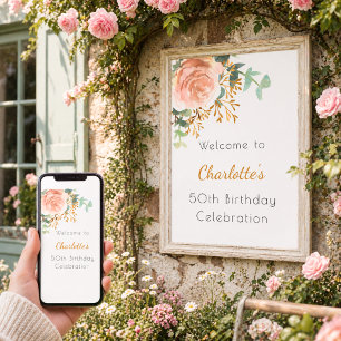 Rose gold floral greenery birthday party welcome poster
