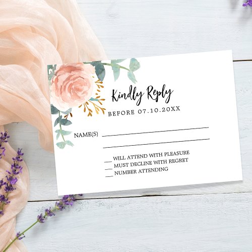 Rose gold floral greenery birthday response RSVP Note Card