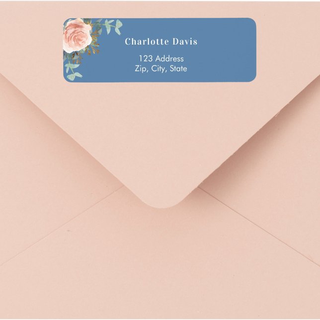 Rose gold floral greenery blue return address  label (Creator Uploaded)