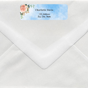 Rose gold floral greenery blue sky return address label